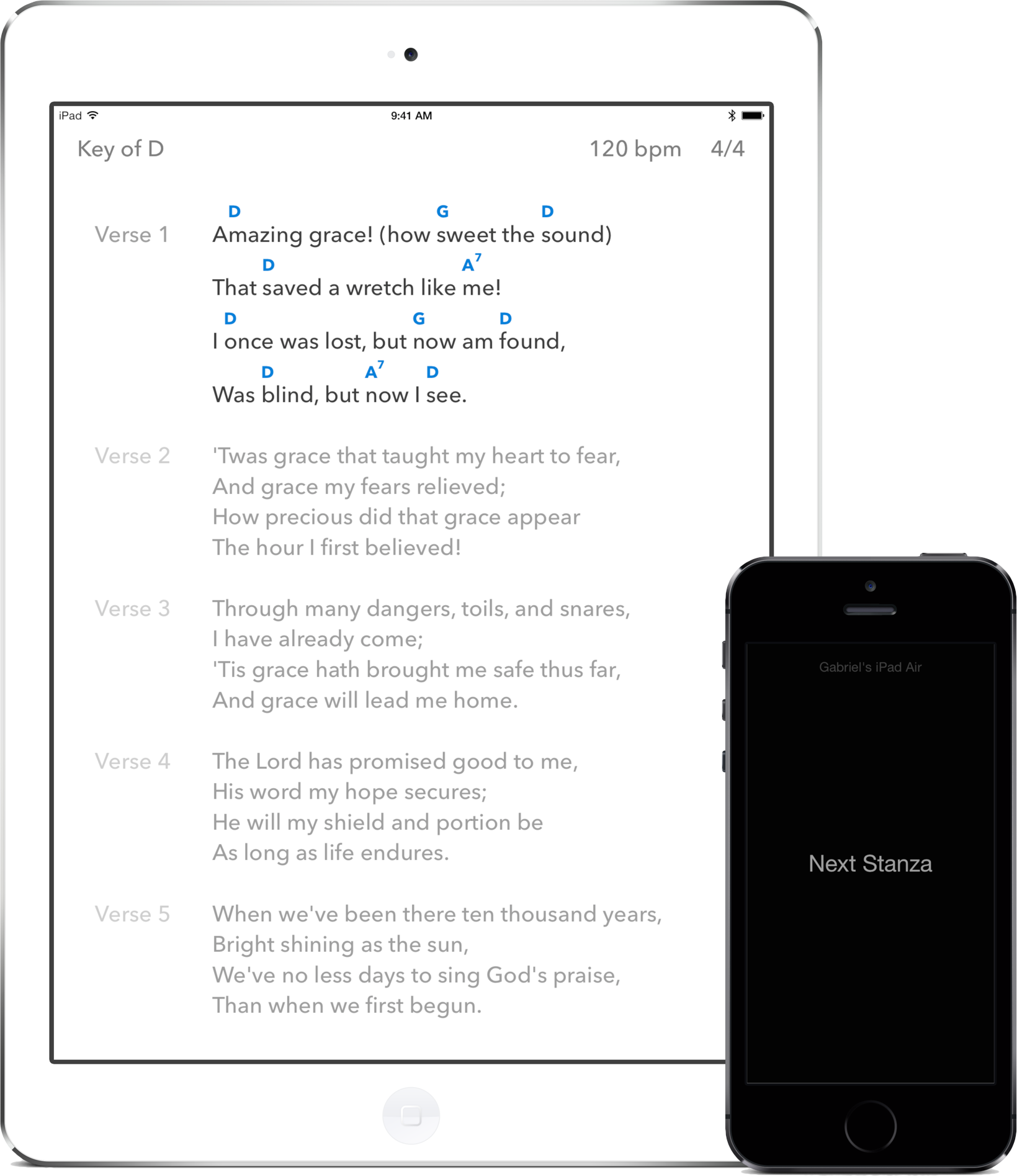 SongSheet Pro on an iPad controlled by SongSheet Remote on an iPhone